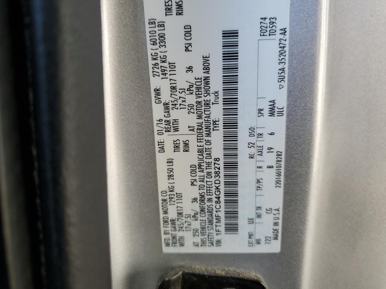 2016 Ford F150 VIN: 1FTMF1C84GKD38278 Lot: 89665565