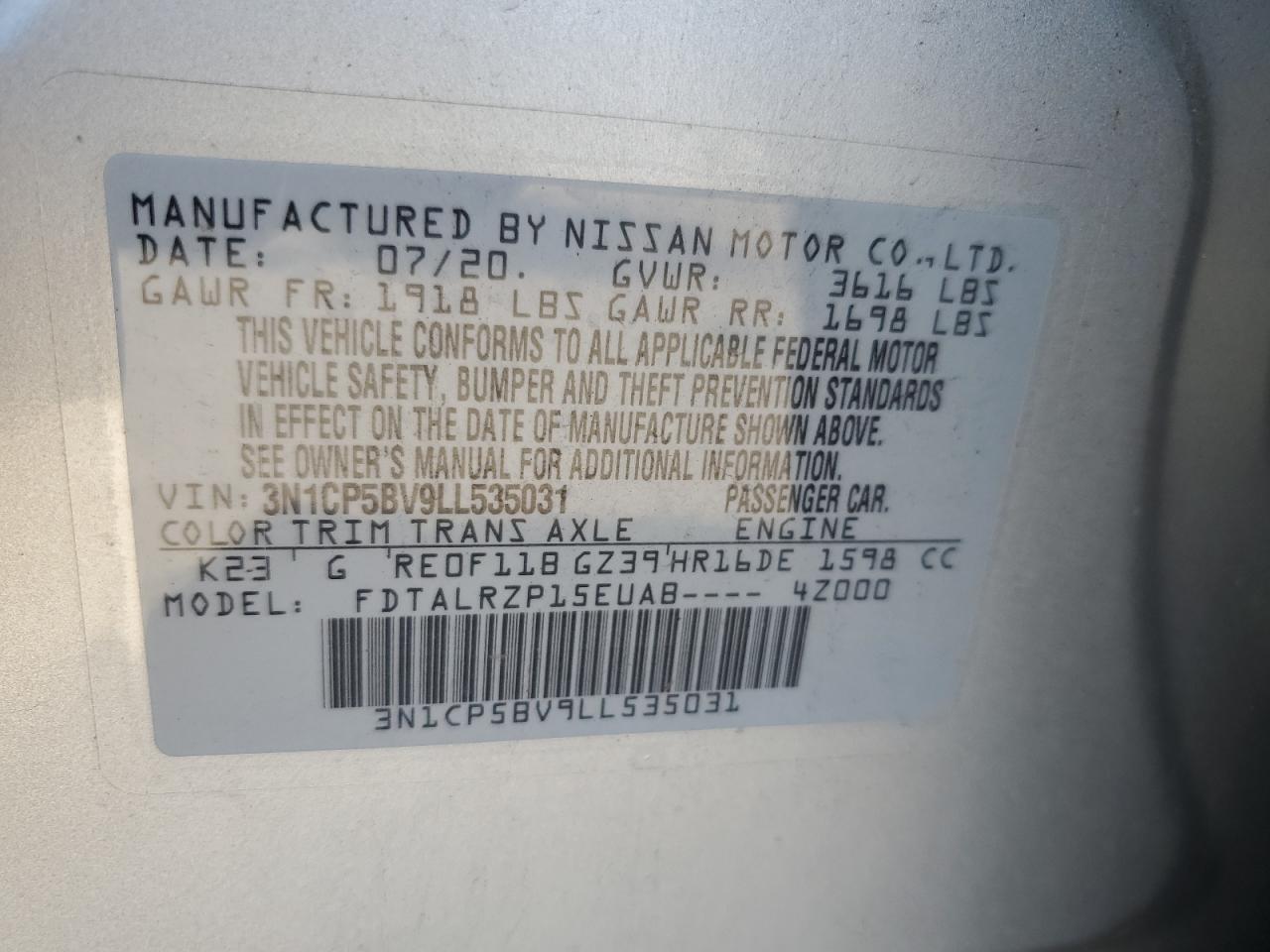 2020 Nissan Kicks S VIN: 3N1CP5BV9LL535031 Lot: 86161845