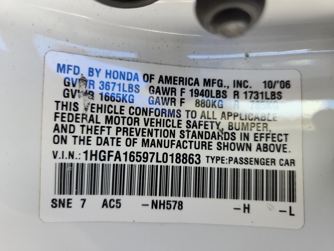 2007 Honda Civic Lx VIN: 1HGFA16597L018863 Lot: 85186785