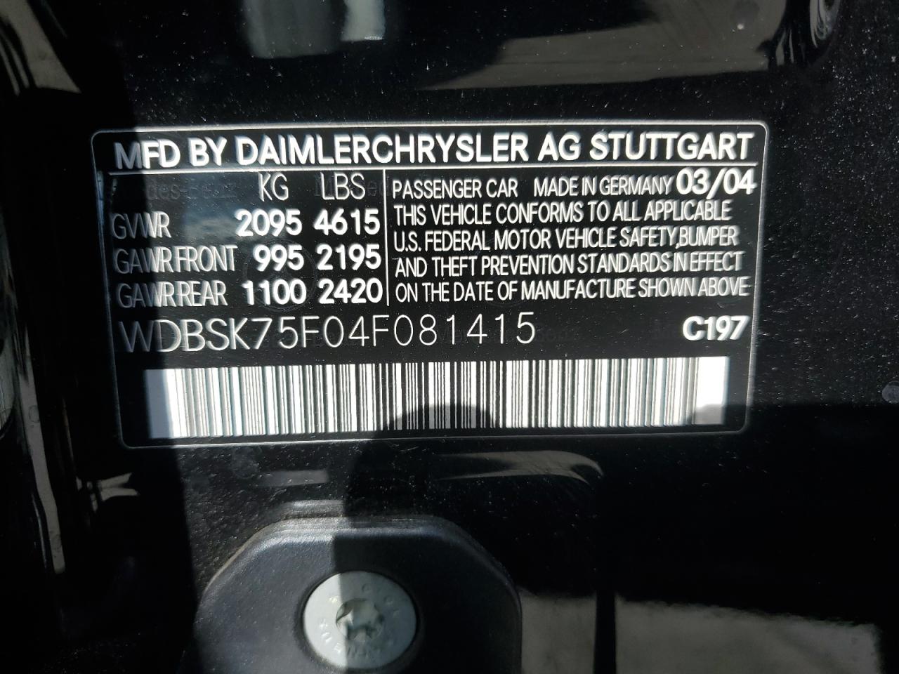 2004 Mercedes-Benz Sl 500 VIN: WDBSK75F04F081415 Lot: 86217815