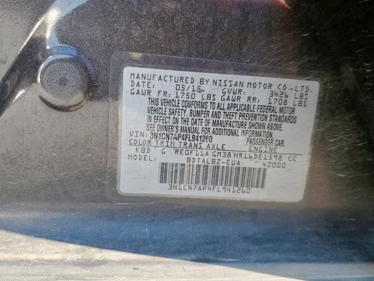 2015 Nissan Versa S VIN: 3N1CN7AP4FL941260 Lot: 85515535