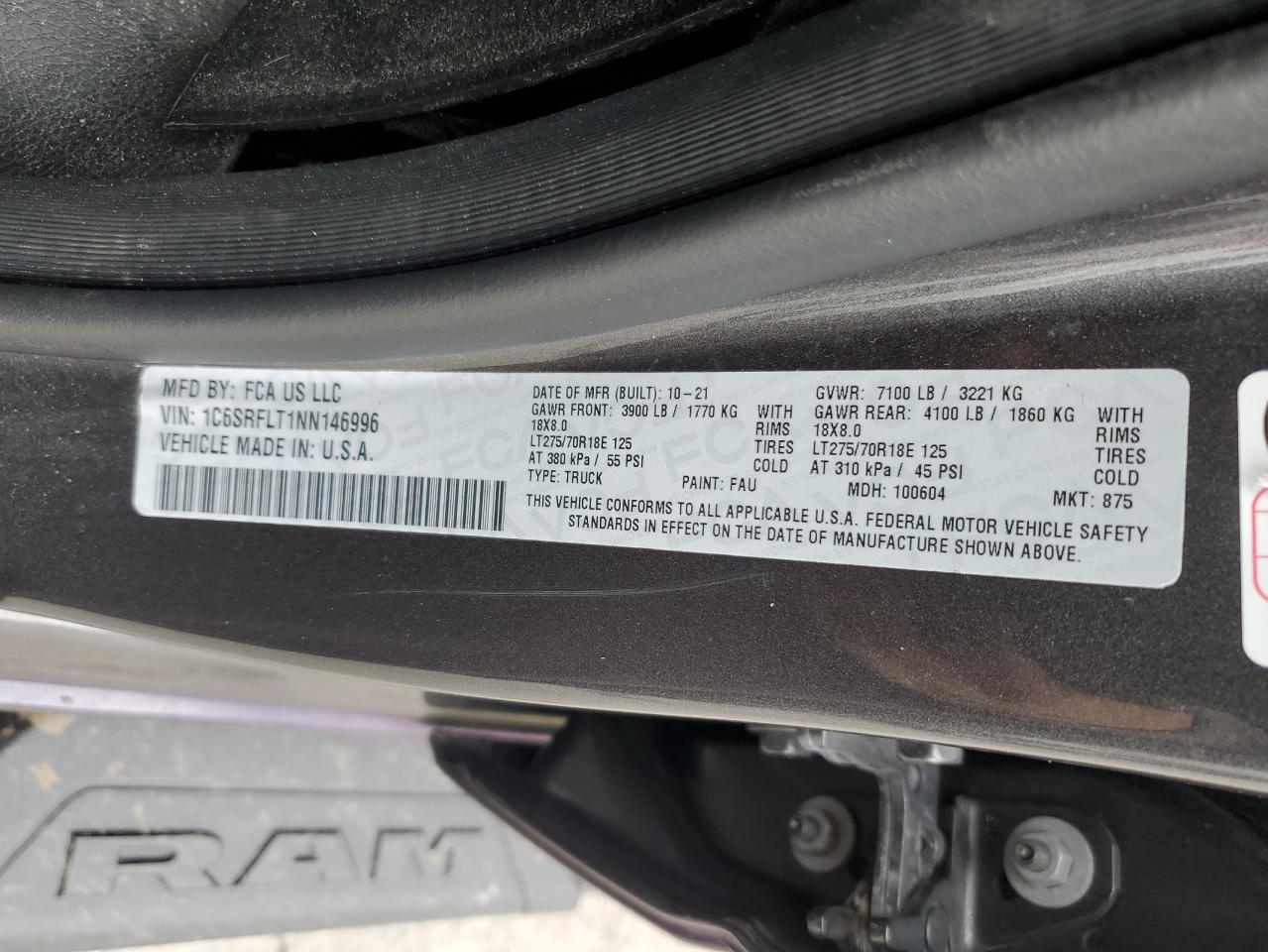 2022 Ram 1500 Rebel VIN: 1C6SRFLT1NN146996 Lot: 89503335