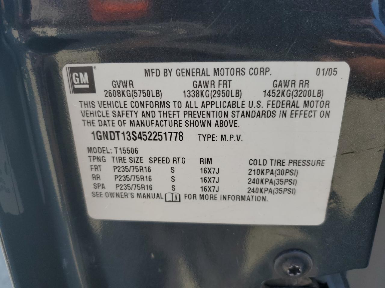 2005 Chevrolet Trailblazer Ls VIN: 1GNDT13S452251778 Lot: 85178245