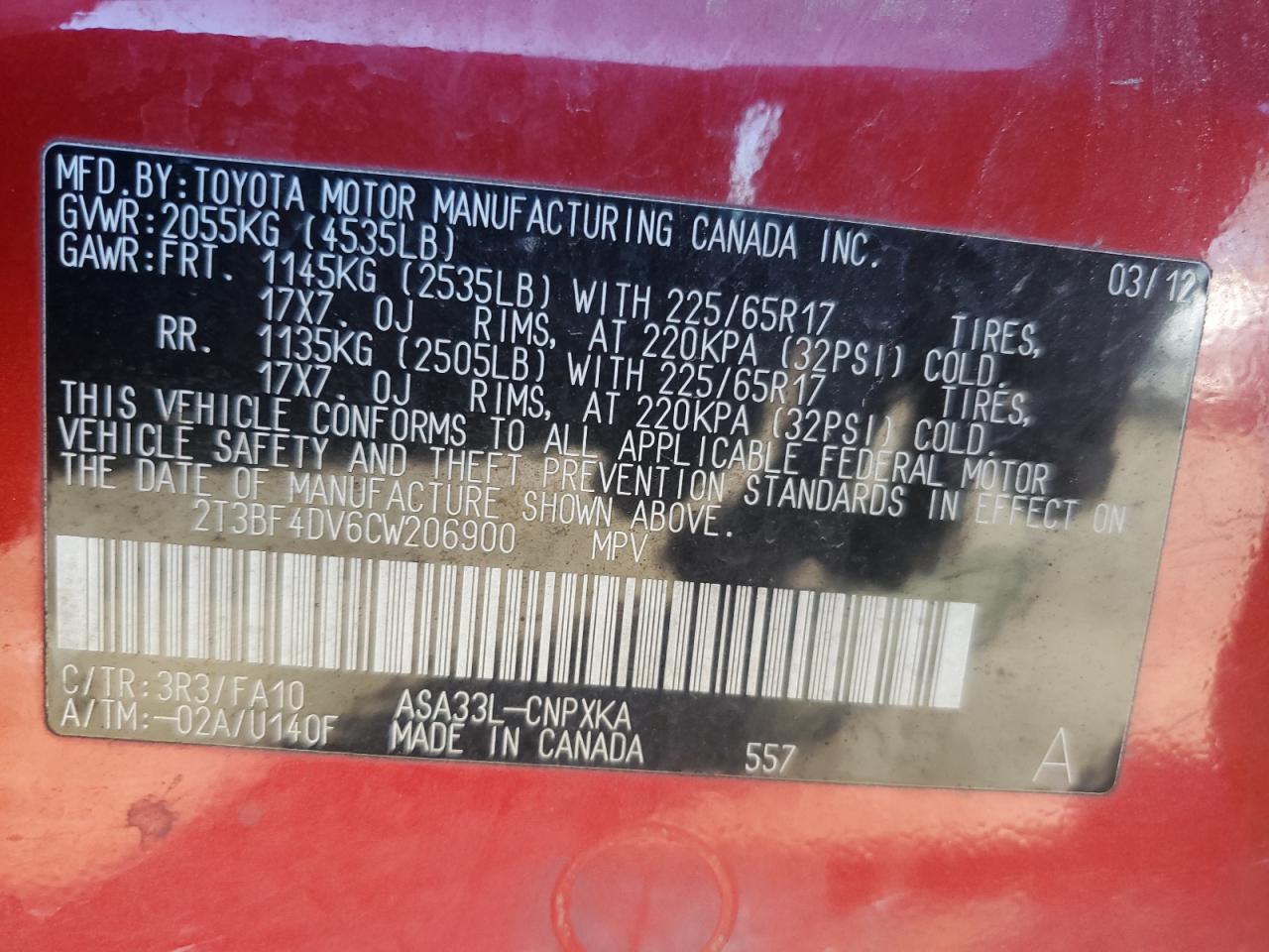 2012 Toyota Rav4 VIN: 2T3BF4DV6CW206900 Lot: 82384325