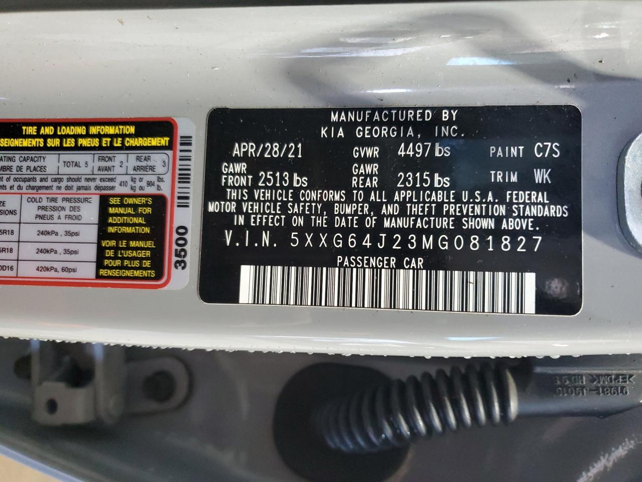 2021 Kia K5 Gt Line VIN: 5XXG64J23MG081827 Lot: 80191825