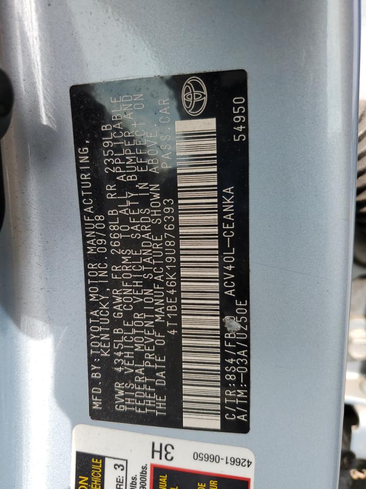 2009 Toyota Camry Base VIN: 4T1BE46K19U876393 Lot: 82254275