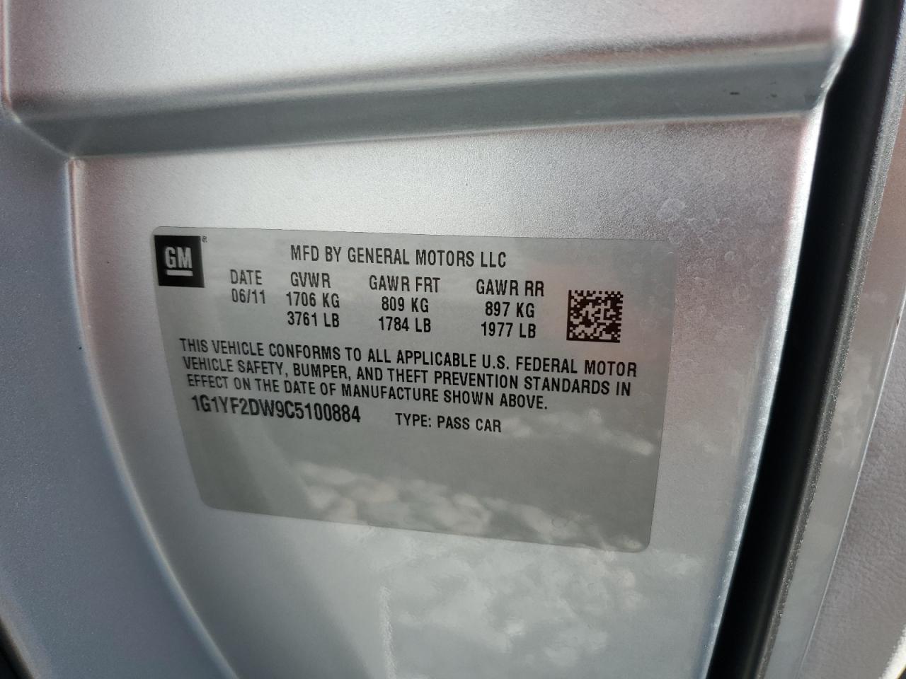 2012 Chevrolet Corvette VIN: 1G1YF2DW9C5100884 Lot: 82747425