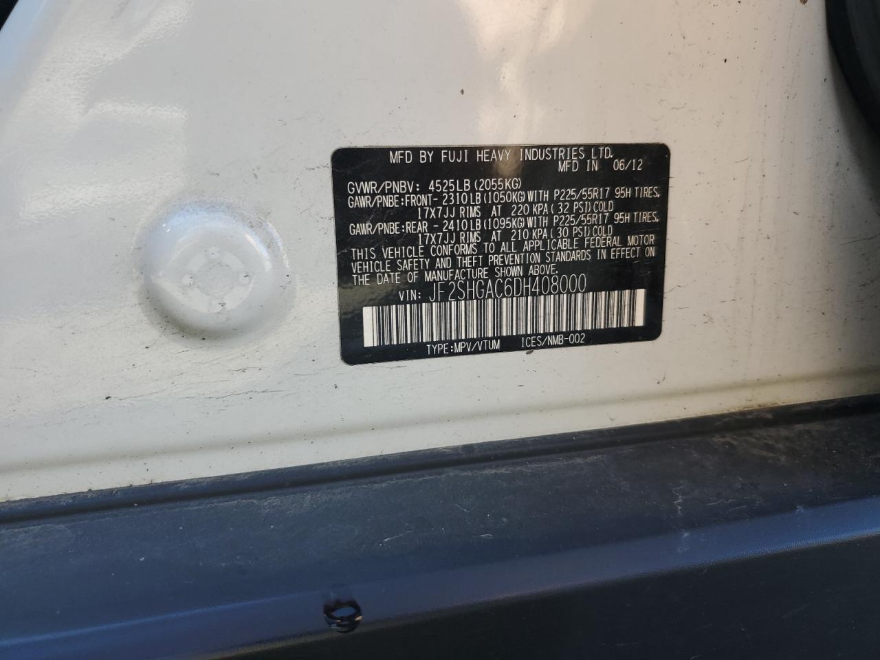 2013 Subaru Forester 2.5X VIN: JF2SHGAC6DH408000 Lot: 84800195