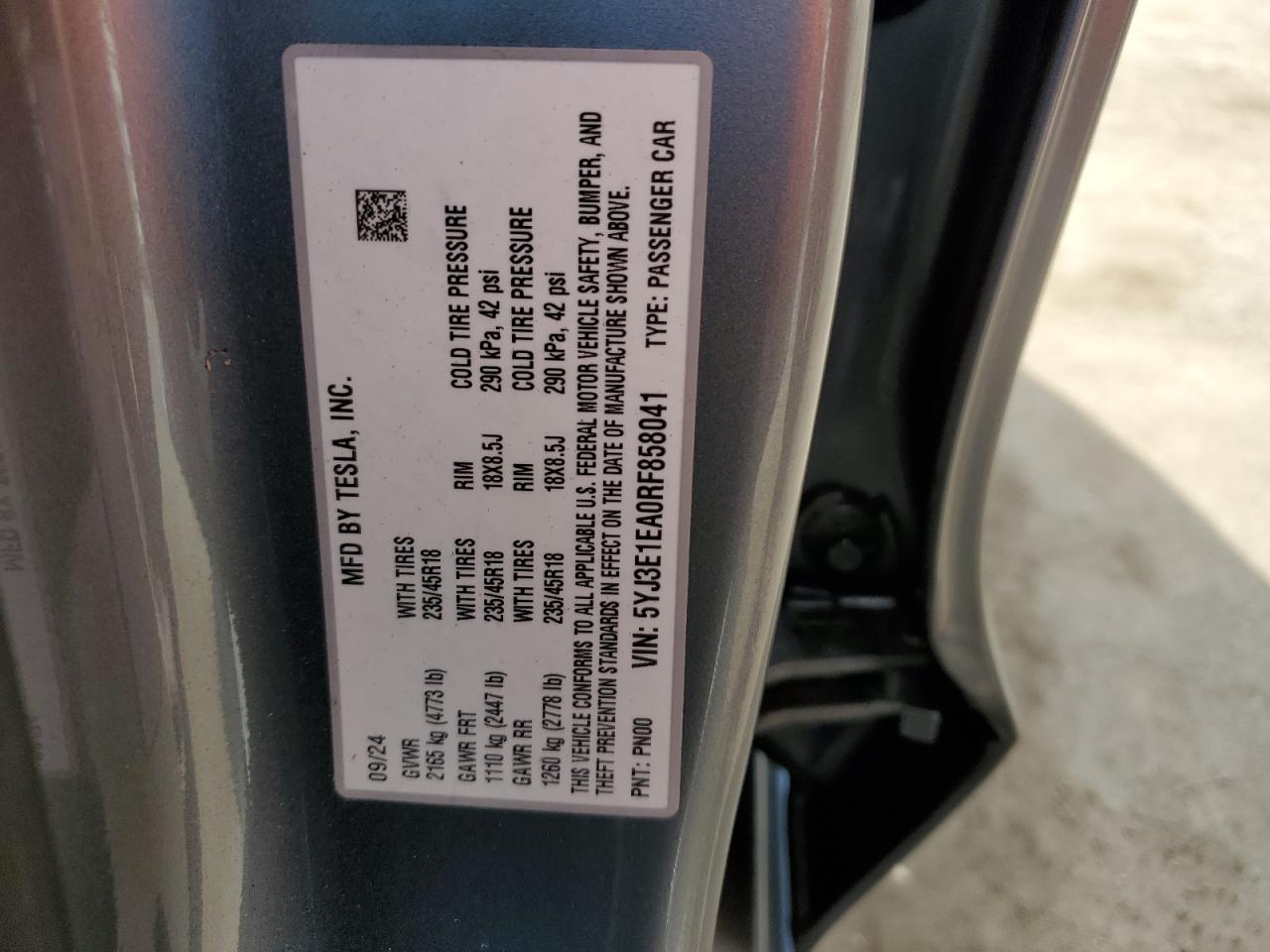 2024 Tesla Model 3 VIN: 5YJ3E1EA0RF858041 Lot: 84290345