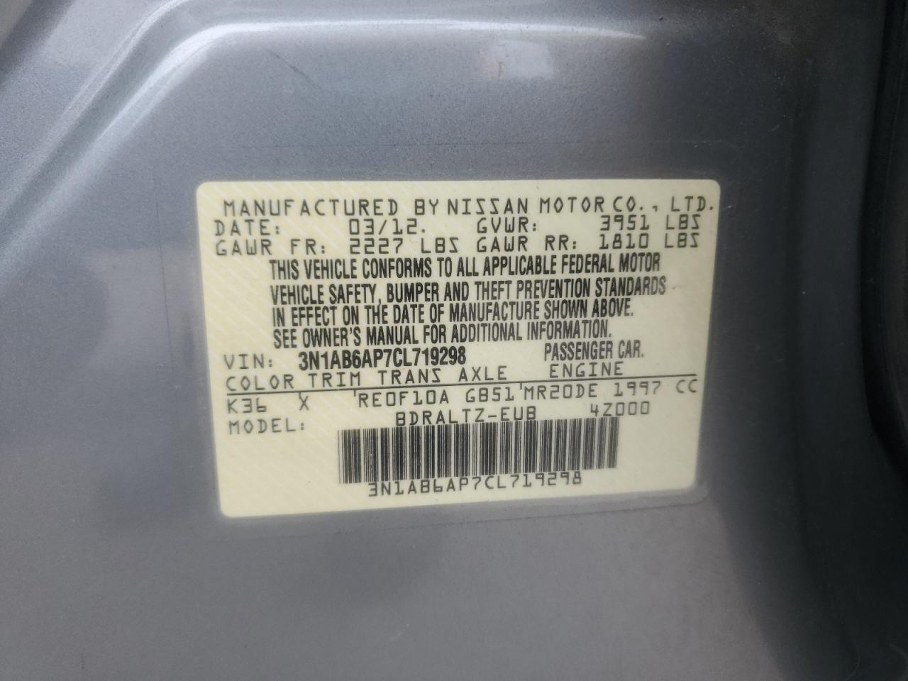 2012 Nissan Sentra 2.0 VIN: 3N1AB6AP7CL719298 Lot: 82280205