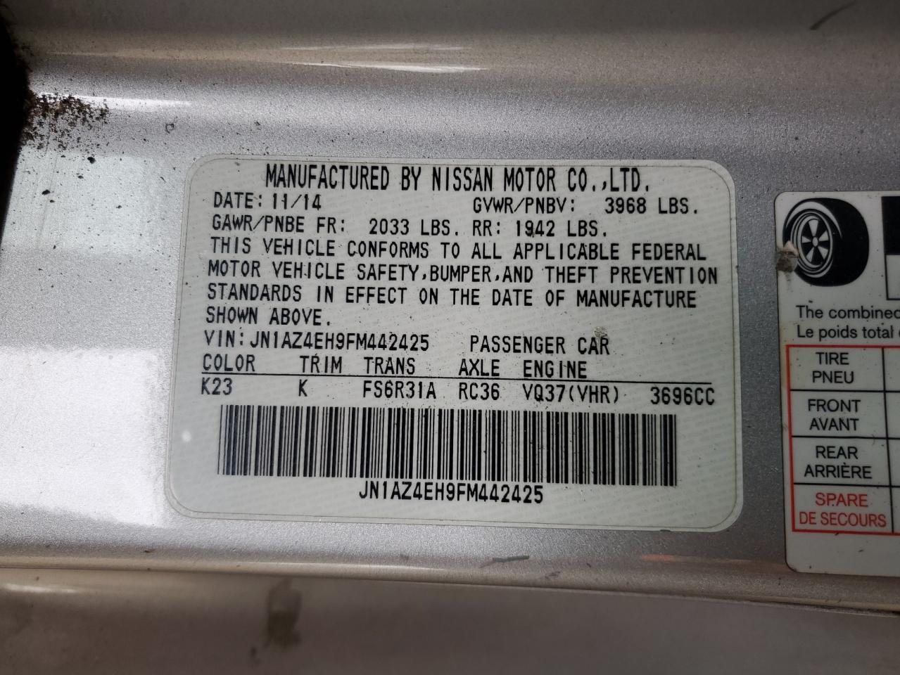 2015 Nissan 370Z Base VIN: JN1AZ4EH9FM442425 Lot: 89728145