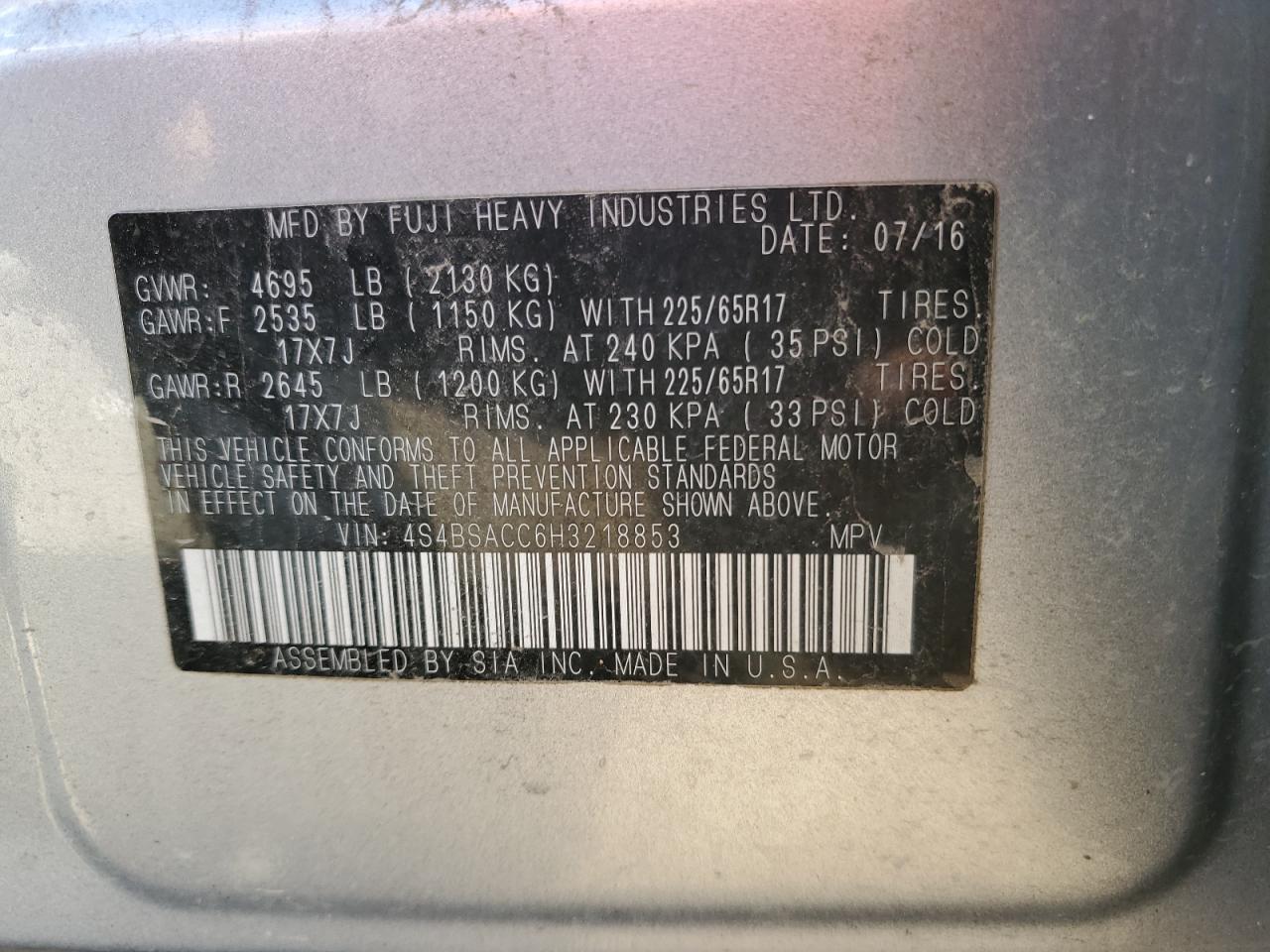 2017 Subaru Outback 2.5I Premium VIN: 4S4BSACC6H3218853 Lot: 89648525