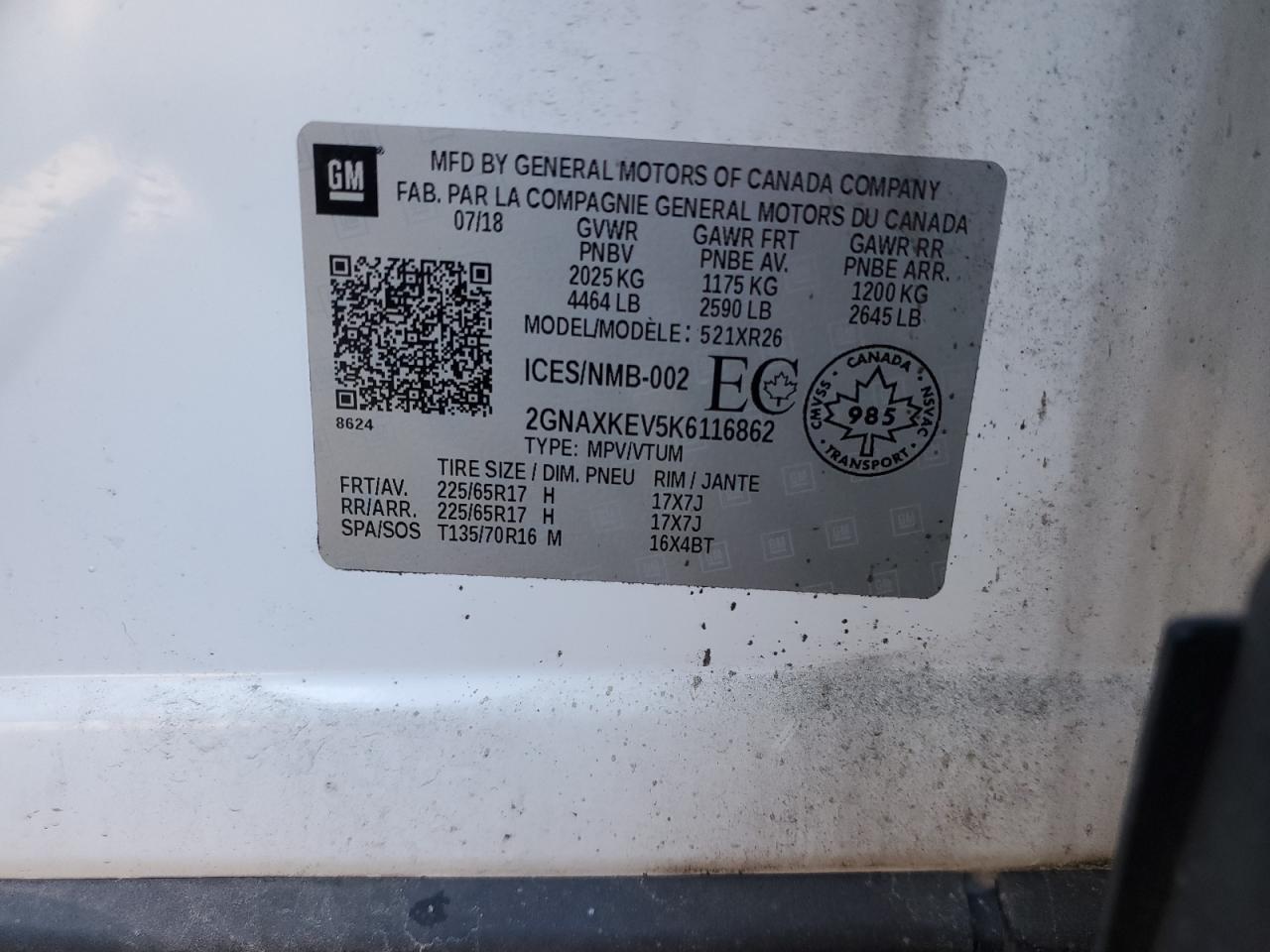 2019 Chevrolet Equinox Lt VIN: 2GNAXKEV5K6116862 Lot: 85478935