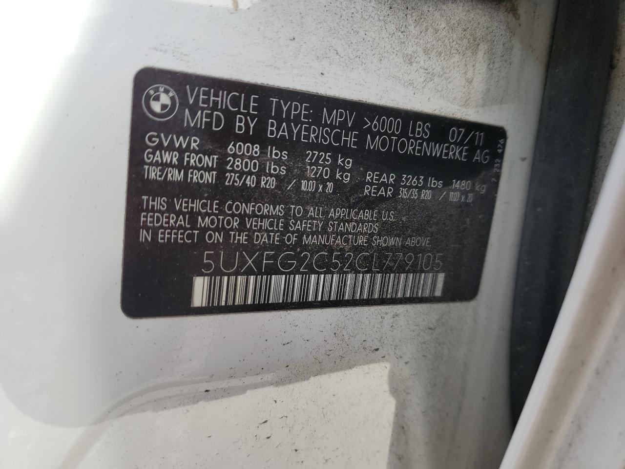 2012 BMW X6 xDrive35I VIN: 5UXFG2C52CL779105 Lot: 84900895