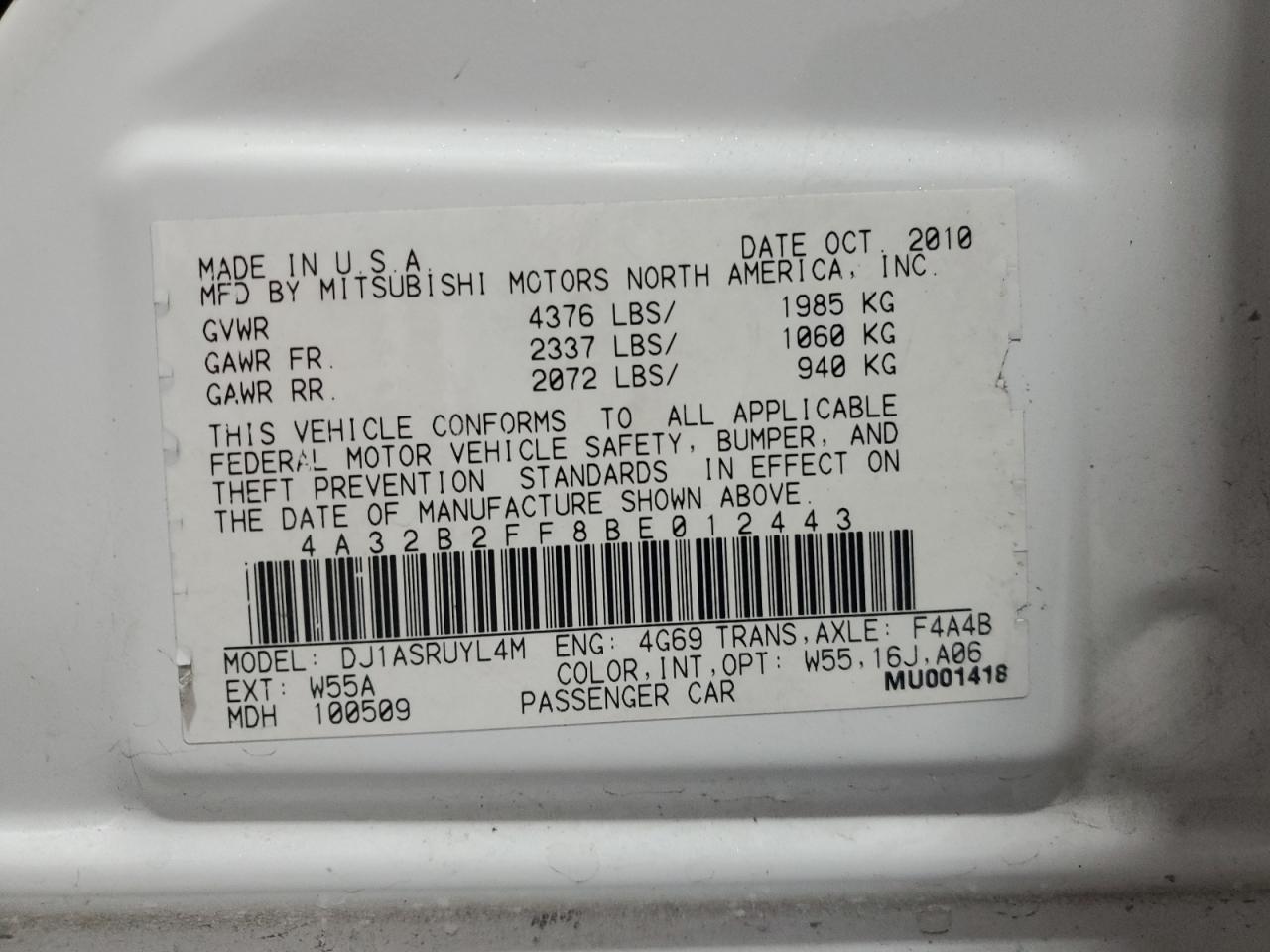2011 Mitsubishi Galant Fe VIN: 4A32B2FF8BE012443 Lot: 86116755