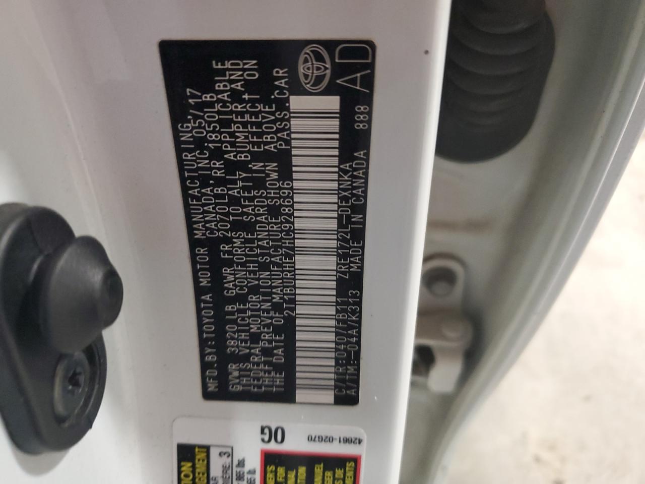 2017 Toyota Corolla L VIN: 2T1BURHE7HC928696 Lot: 85341205