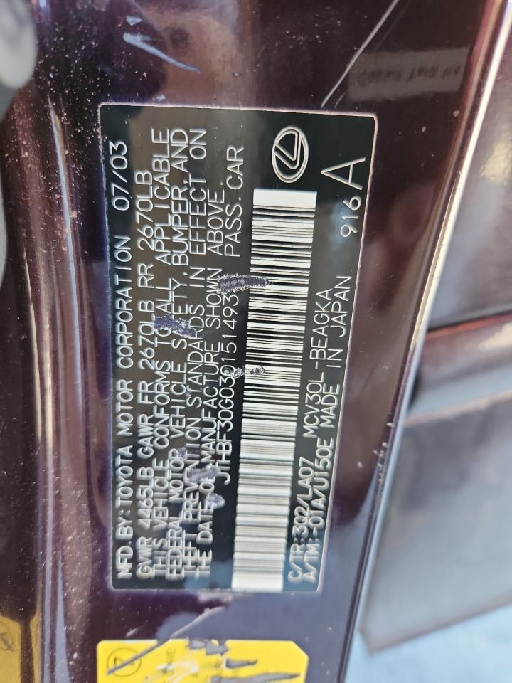 2003 Lexus Es 300 VIN: JTHBF30G030151493 Lot: 85083645