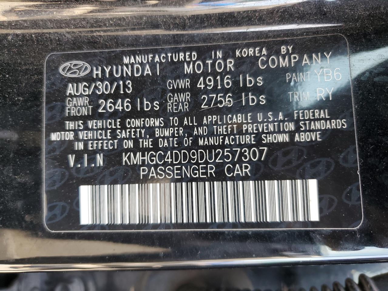 2013 Hyundai Genesis 3.8L VIN: KMHGC4DD9DU257307 Lot: 84794715