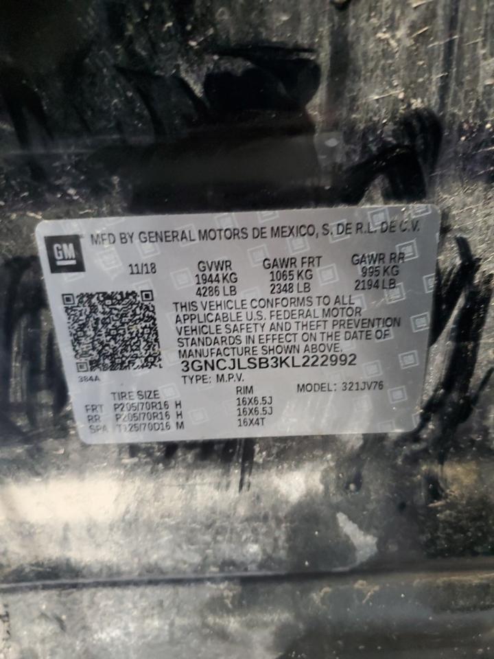 2019 Chevrolet Trax 1Lt VIN: 3GNCJLSB3KL222992 Lot: 90062365