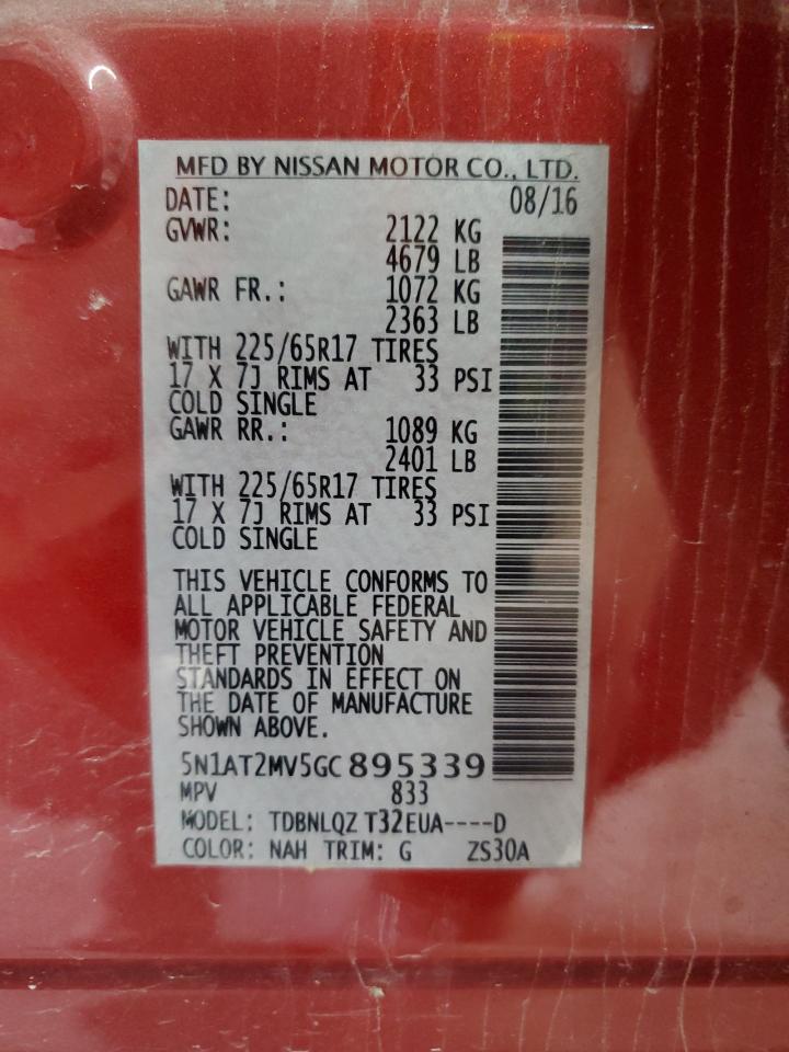 2016 Nissan Rogue S VIN: 5N1AT2MV5GC895339 Lot: 86072665