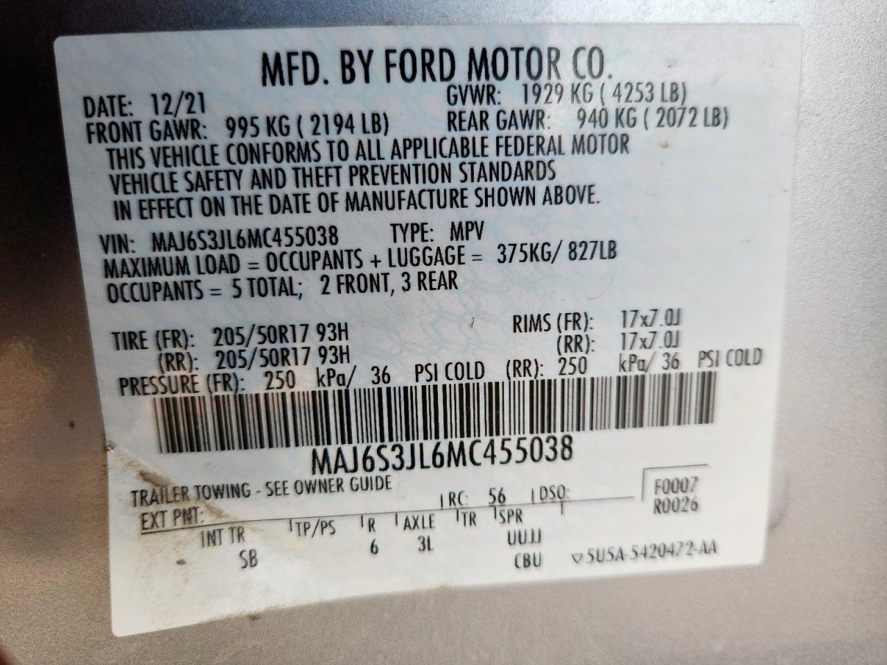 2021 Ford Ecosport Ses VIN: MAJ6S3JL6MC455038 Lot: 83849705