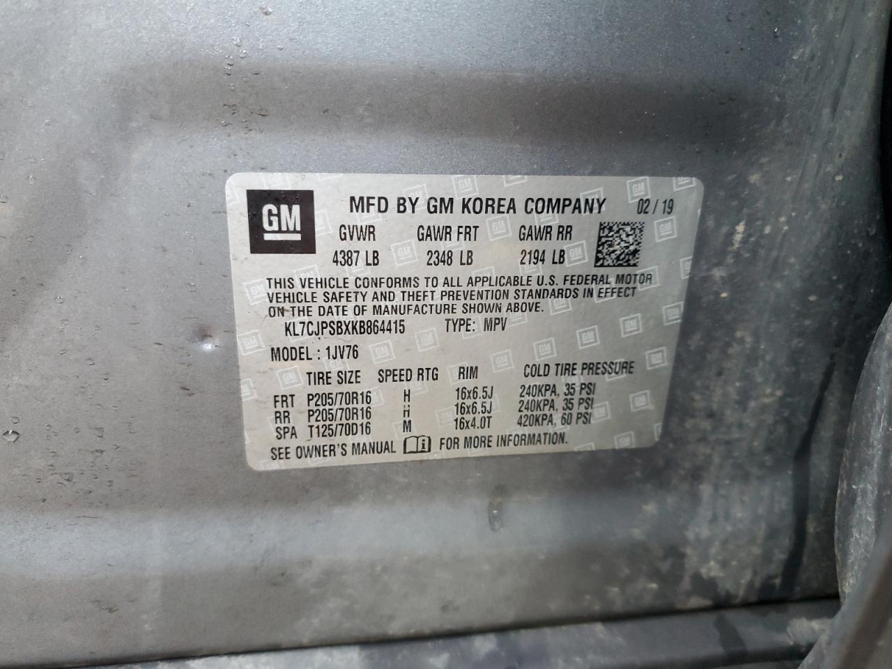 2019 Chevrolet Trax 1Lt VIN: KL7CJPSBXKB864415 Lot: 86284835