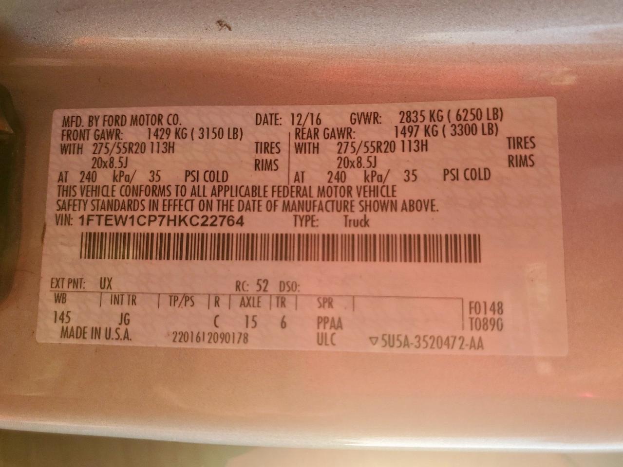 2017 Ford F150 Supercrew VIN: 1FTEW1CP7HKC22764 Lot: 84930665