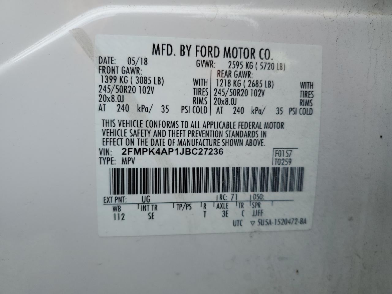 2018 Ford Edge Sport VIN: 2FMPK4AP1JBC27236 Lot: 86278445