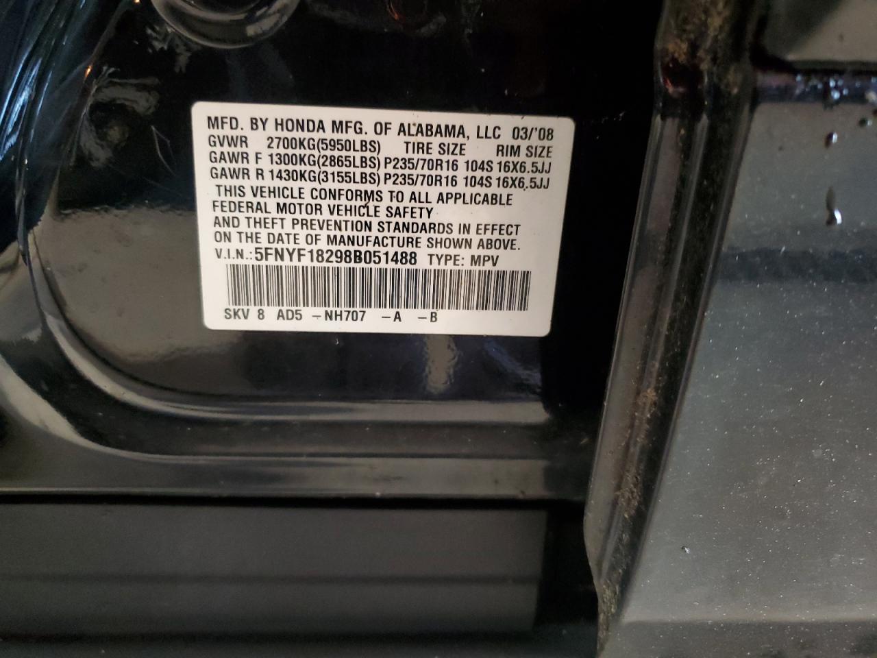2008 Honda Pilot Vp VIN: 5FNYF18298B051488 Lot: 85862145