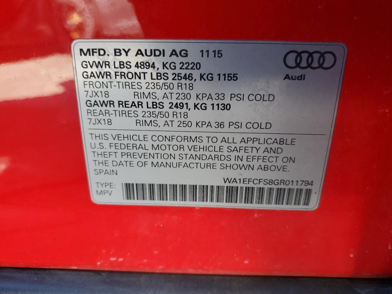 2016 Audi Q3 Premium Plus VIN: WA1EFCFS8GR011794 Lot: 90914345