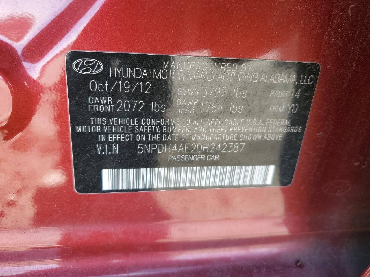 2013 Hyundai Elantra Gls VIN: 5NPDH4AE2DH242387 Lot: 84957205