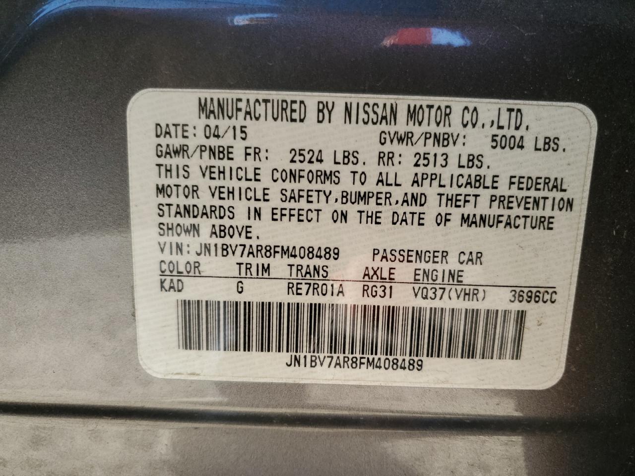 2015 Infiniti Q50 Base VIN: JN1BV7AR8FM408489 Lot: 87277455