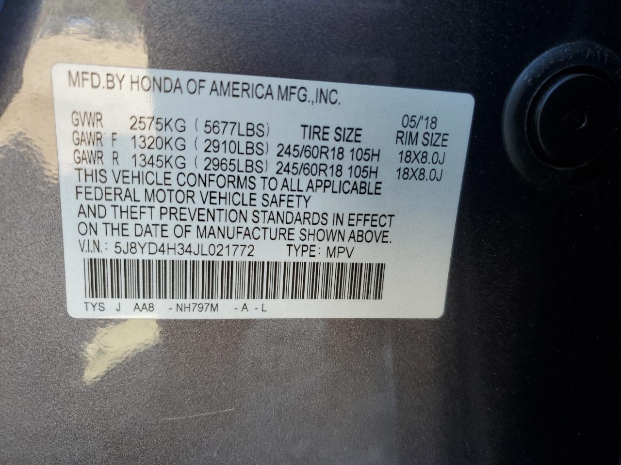 2018 Acura Mdx VIN: 5J8YD4H34JL021772 Lot: 85091005