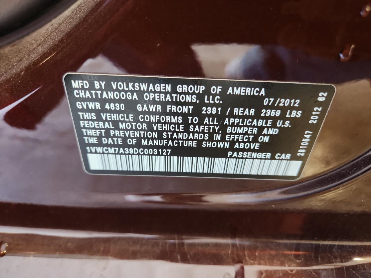 2013 Volkswagen Passat Sel VIN: 1VWCM7A39DC003127 Lot: 84955975