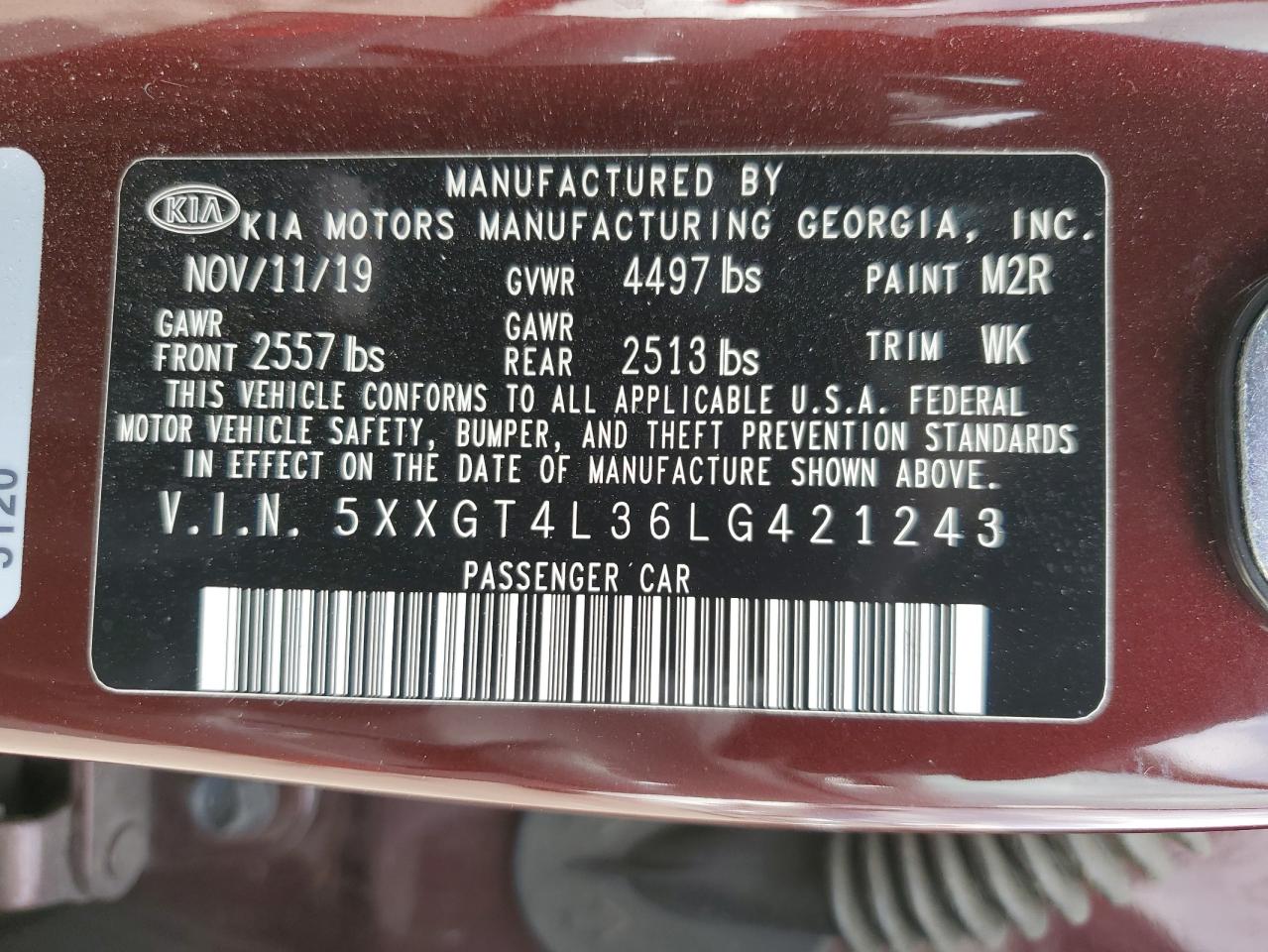 2020 Kia Optima Lx VIN: 5XXGT4L36LG421243 Lot: 85711795