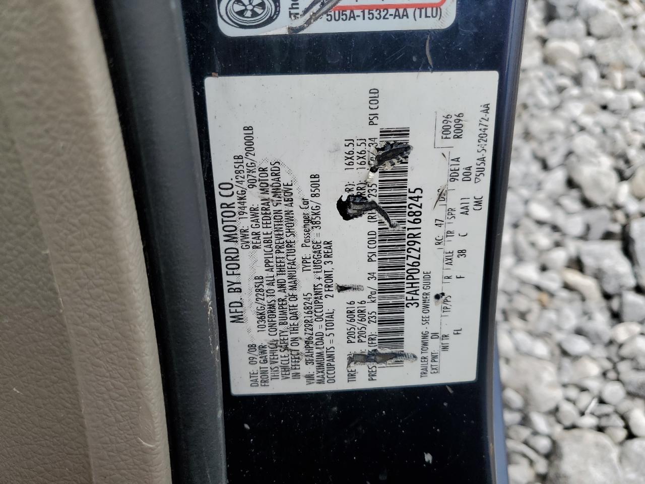2009 Ford Fusion S VIN: 3FAHP06Z29R168245 Lot: 86856065