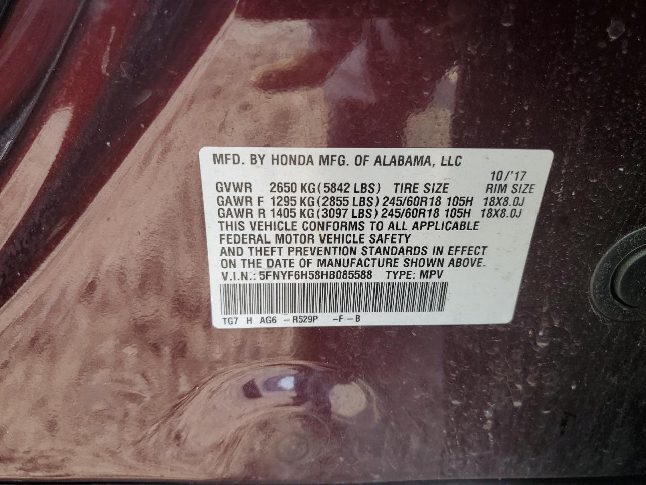 2017 Honda Pilot Exl VIN: 5FNYF6H58HB085588 Lot: 86327375