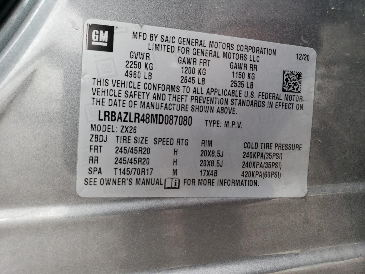 2021 Buick Envision Preferred VIN: LRBAZLR48MD087080 Lot: 82783055