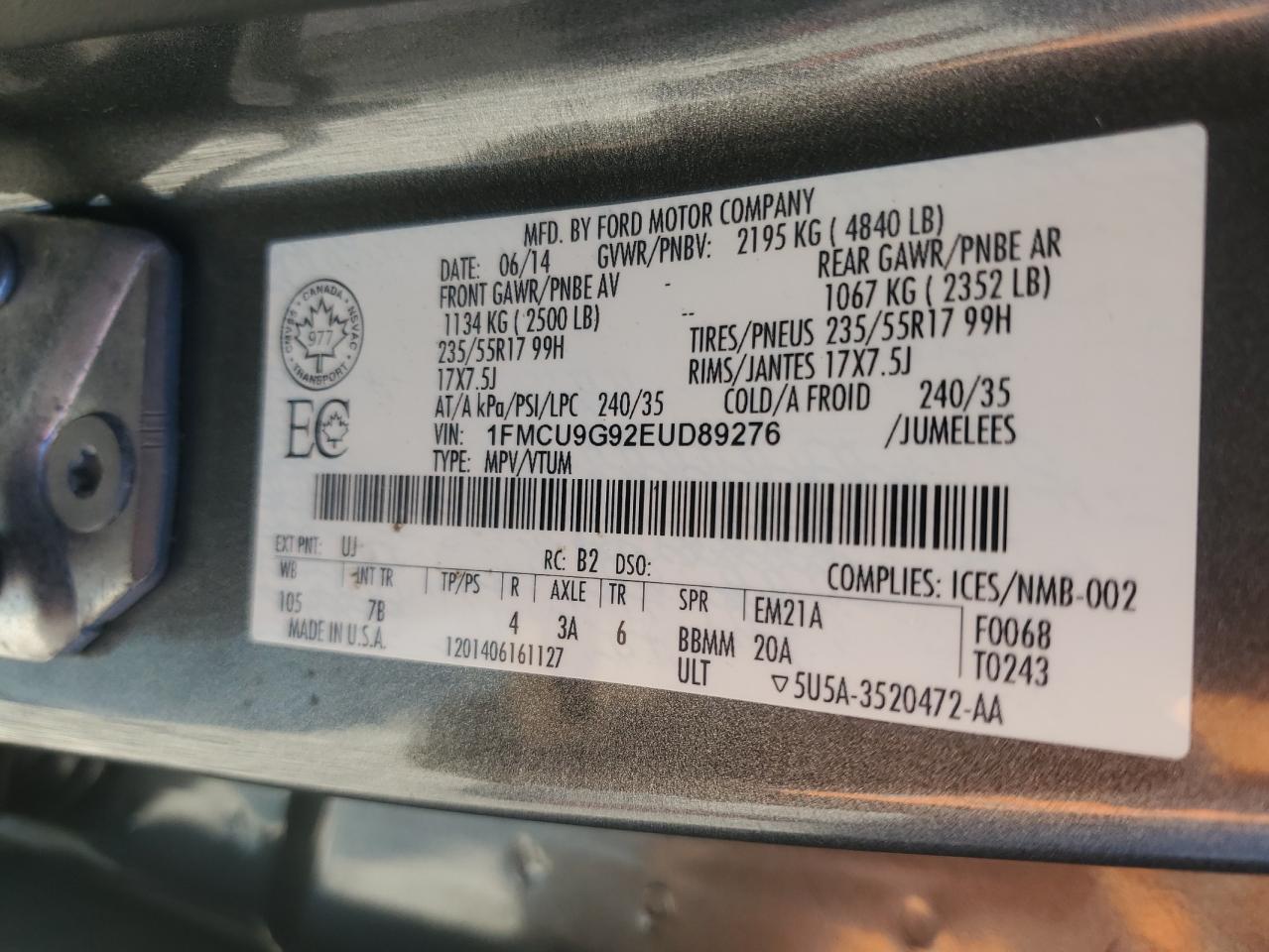 2014 Ford Escape Se VIN: 1FMCU9G92EUD89276 Lot: 90020855