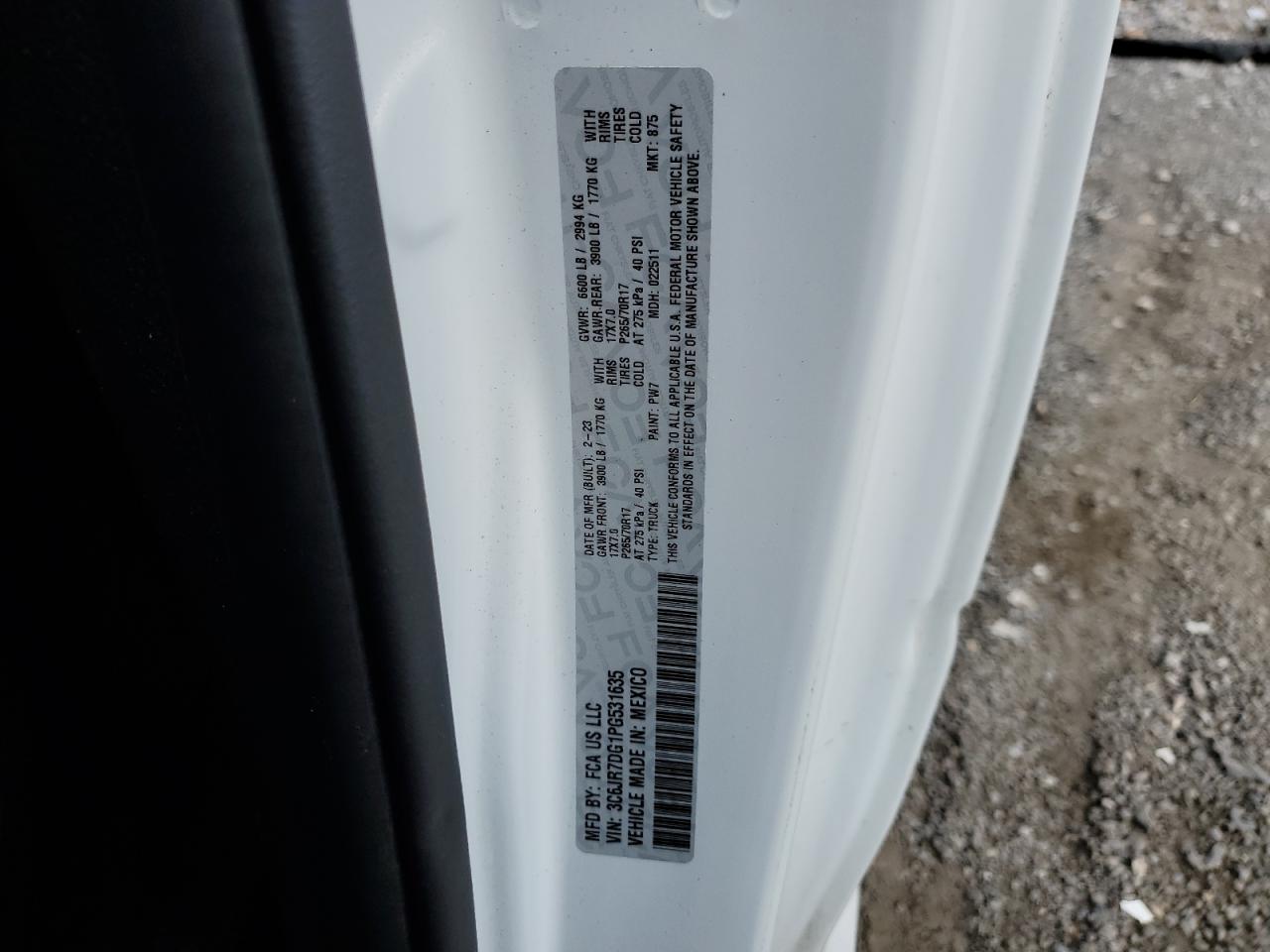 2023 Ram 1500 Classic Tradesman VIN: 3C6JR7DG1PG531635 Lot: 90400945