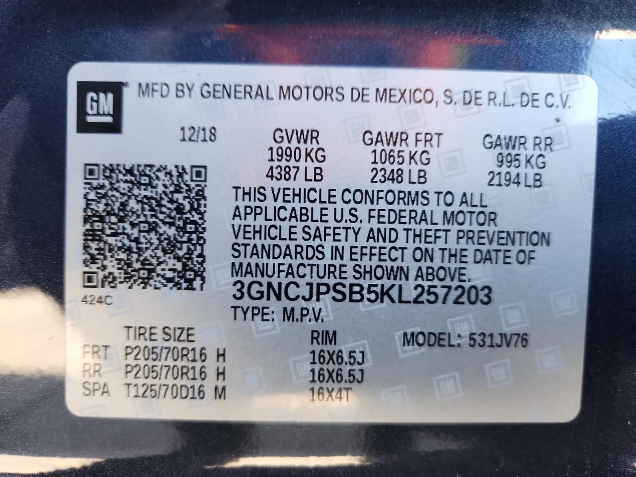 2019 Chevrolet Trax 1Lt VIN: 3GNCJPSB5KL257203 Lot: 82767725