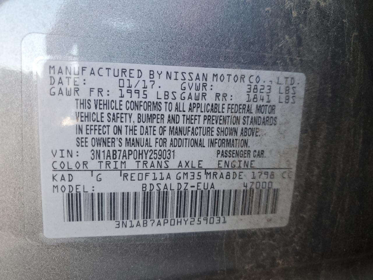 2017 Nissan Sentra S VIN: 3N1AB7AP0HY259031 Lot: 86129295