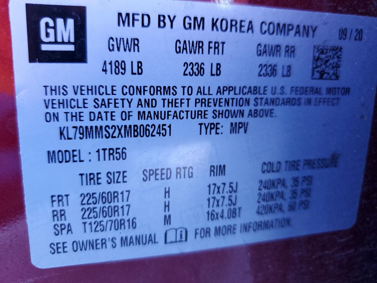 2021 Chevrolet Trailblazer Ls VIN: KL79MMS2XMB062451 Lot: 82464095