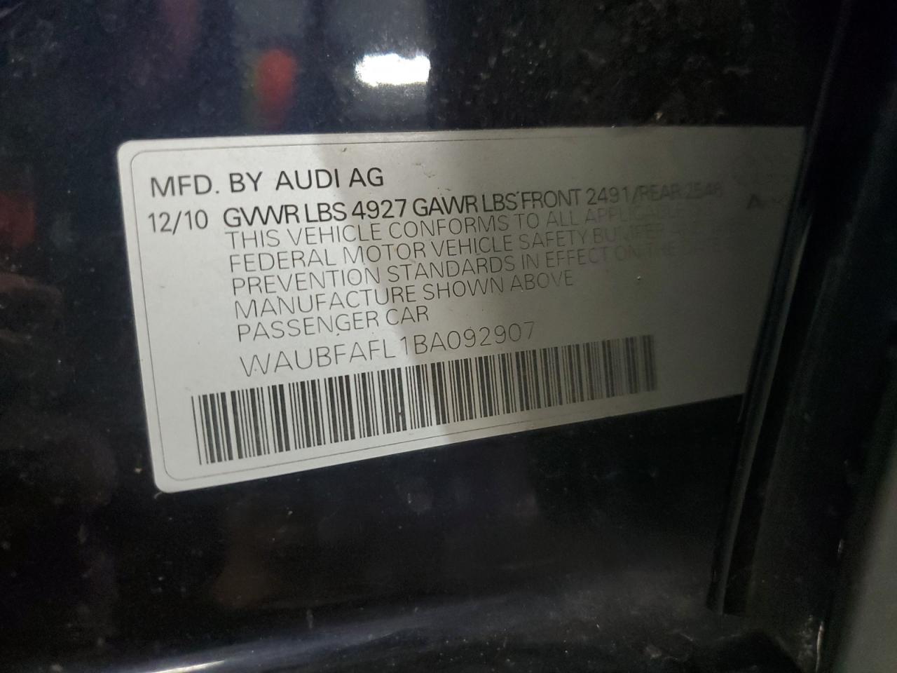 2011 Audi A4 Premium VIN: WAUBFAFL1BA092907 Lot: 89801575