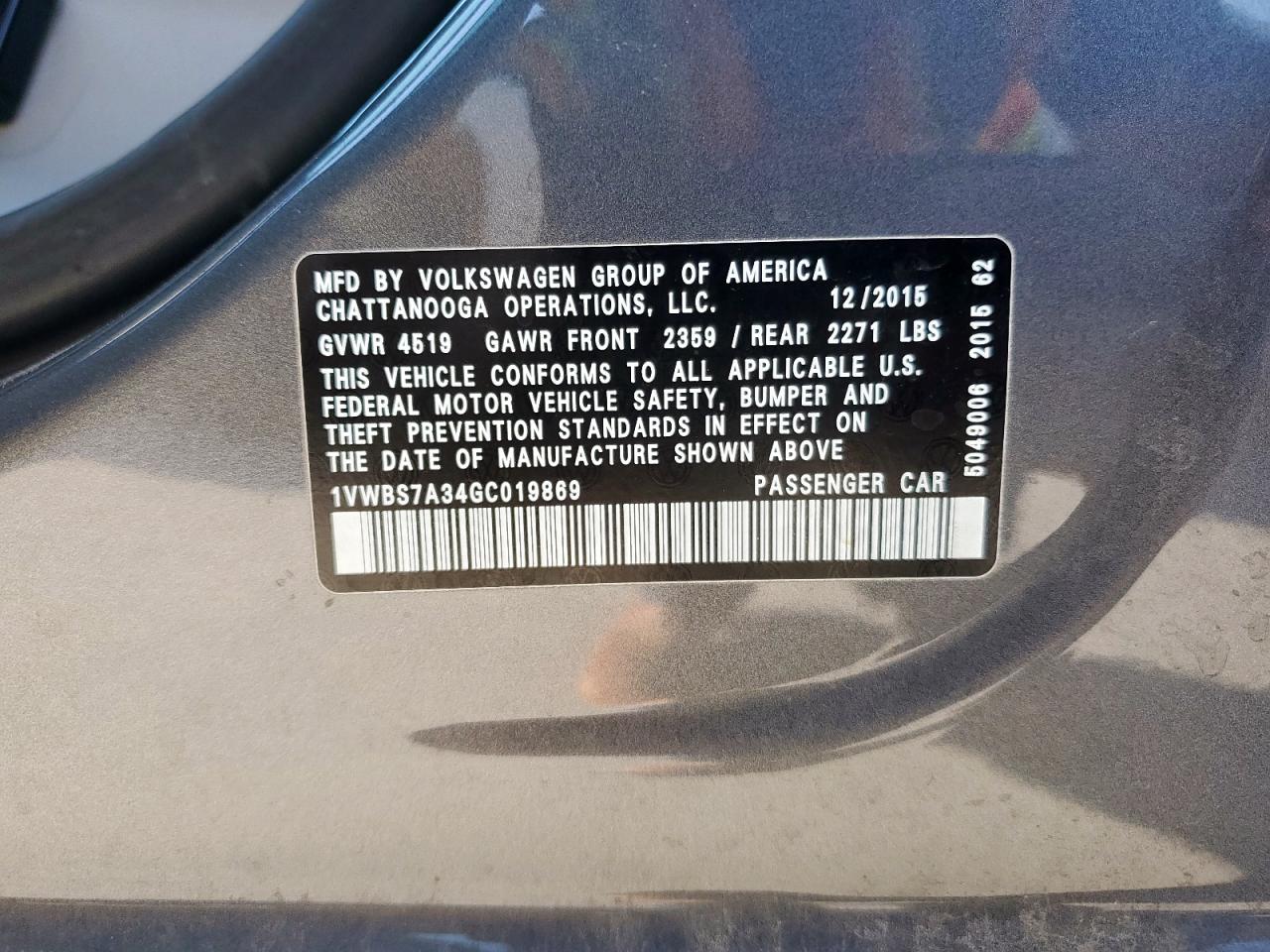 2016 Volkswagen Passat Se VIN: 1VWBS7A34GC019869 Lot: 82271645