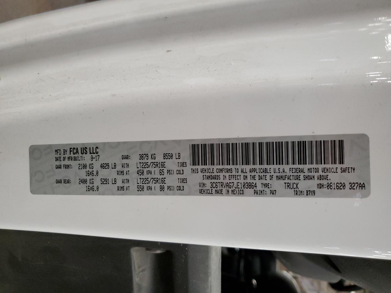 2018 Ram Promaster 1500 1500 Standard VIN: 3C6TRVAG7JE103864 Lot: 86258205