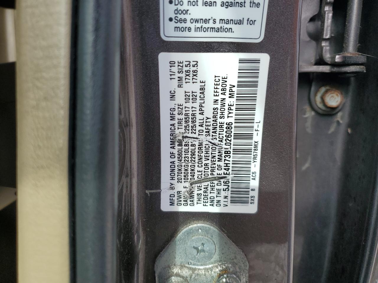 2011 Honda Cr-V Exl VIN: 5J6RE4H73BL026086 Lot: 82538865