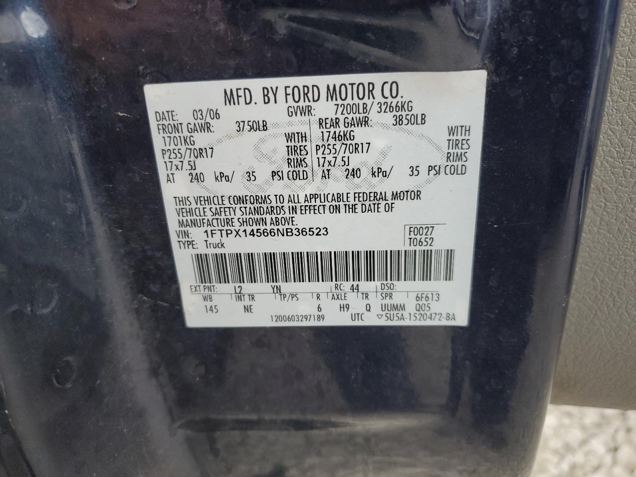 2006 Ford F150 VIN: 1FTPX14566NB36523 Lot: 82485495
