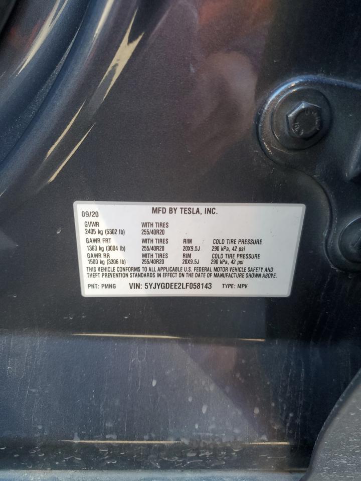 2020 Tesla Model Y VIN: 5YJYGDEE2LF058143 Lot: 90369295