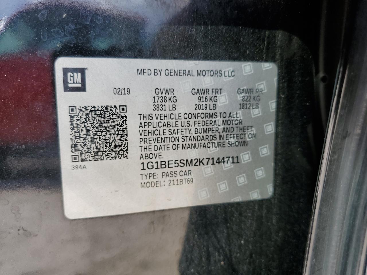 2019 Chevrolet Cruze Lt VIN: 1G1BE5SM2K7144711 Lot: 85081845